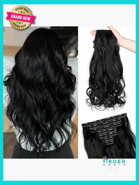 22 Inch Curly Clip In Hair Extensions 6 Pcs Dark Black Long Wavy Hairpiece main image 6